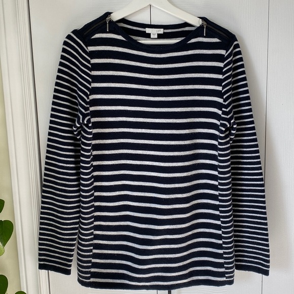 J. Jill Breton stripe nautical zip shoulder long knit tunic sweater navy grey - Picture 2 of 13